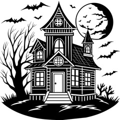 Collection silhouettes of haunted houses vector flat illustration,Halloween scary ghostly monsters house,Cute cartoon spooky characters,Holiday Silhouette,Hand drawn trendy Vector illustration,svg