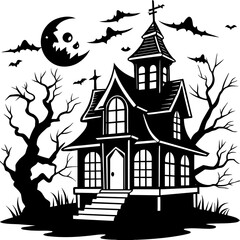 Collection silhouettes of haunted houses vector flat illustration,Halloween scary ghostly monsters house,Cute cartoon spooky characters,Holiday Silhouette,Hand drawn trendy Vector illustration,svg