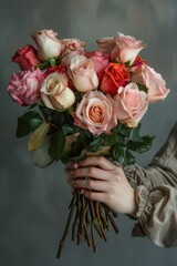 woman hands gently holding a lavish bouquet of roses