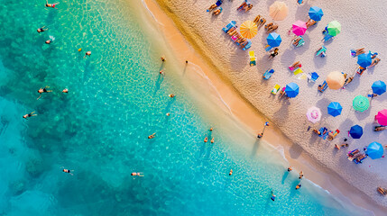 Fototapeta na wymiar Aerial view of sunny beach scene with crystal clear water and vibrant beachgoers. Top view.