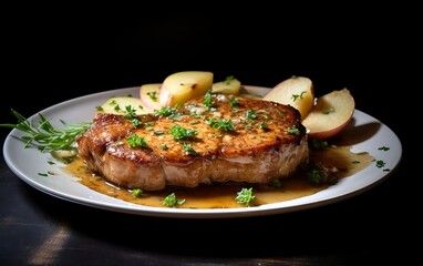 Grilled steak with potato and herbs on a black background