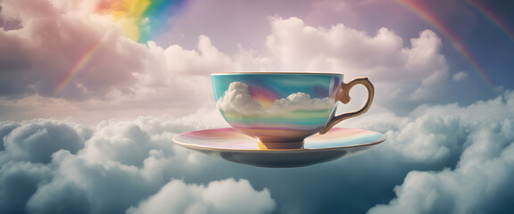 A teacup floating in the sky, with rainbow colors and clouds. High resolution and high detail.