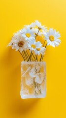 Fresh daisies in an ice cube on a yellow background, frozen flowers
