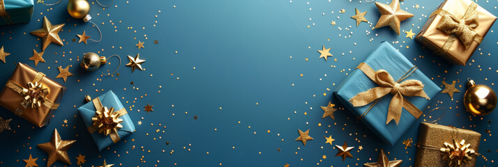 A blue christmas background with small golden stars and gift boxes decorations, Xmas banner design, Happy New Year, party invitation card template, winter holiday ,copy space