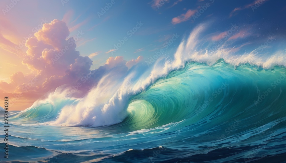 Poster a dramatic illustration of a colossal ocean wave curling under a vivid sunset sky, encapsulating the
