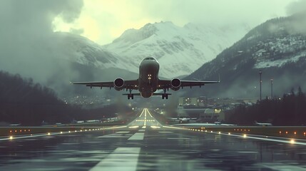 a visually appealing AI-generated image of an airplane landing on a runway, utilizing post-production enhancements to create a polished and realistic representation attractive look - obrazy, fototapety, plakaty