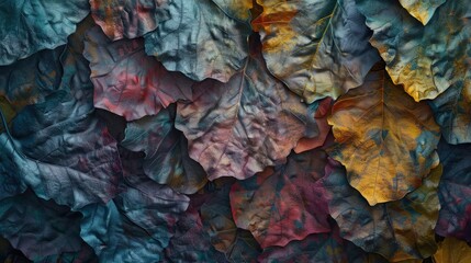 A close-up texture of abstract, multicolored leaves in autumn hues, with a rough, tactile surface resembling an organic art painting. The colors blend naturally, evoking a sense of autumn.