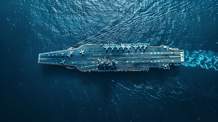 navy nuclear aircraft carrier, navy ship carrier full loading fighter jet aircraft, Aircraft carrier crossing the ocean, Aerial drone, anchored in deep blue open ocean sea, Generative Ai