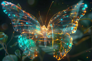 Elegant wireframe butterfly against luminous translucent backdrop, symbolizing beauty and transformation in futuristic visualization