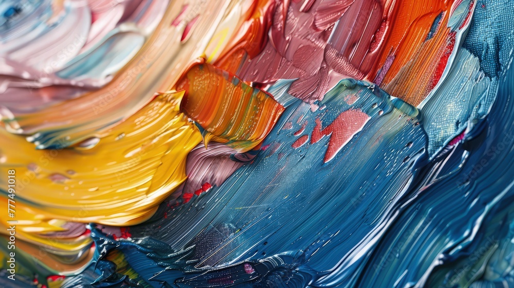 Poster a close-up showcasing the dynamic texture of a multicolored abstract painting. oil and acrylic paint