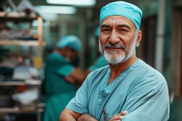 Confident mature surgeon with crossed arms smiles in scrubs, background hints at ongoing medical preparations. Experienced doctor exhibits calm before operation, backroom activities into soft focus.