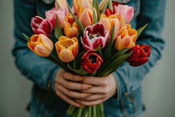 A woman tender grasp cradles a vivid array of tulips