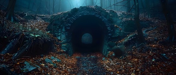 Exploring an Abandoned Mine Tunnel with a Dark Catacomb Inside. Concept Exploration, Abandoned, Mine Tunnel, Dark Catacomb, Adventure - obrazy, fototapety, plakaty