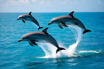 Fototapeta premium three dolphins jumping out of the water, sea, summer, season, wildlife, sea animals