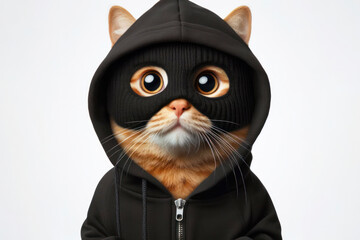 cat in a black robber mask with big bulging eyes isolated on a white background - obrazy, fototapety, plakaty