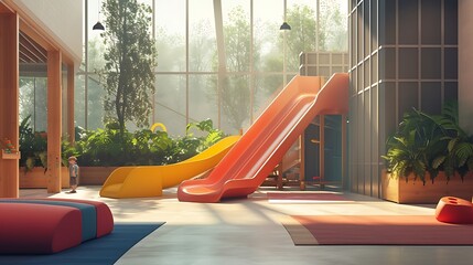 a visually appealing AI depiction of a modern indoor children's playground, featuring a lively...