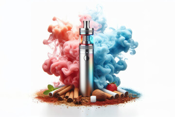 Electronic Cigarette with colored steam on a white background