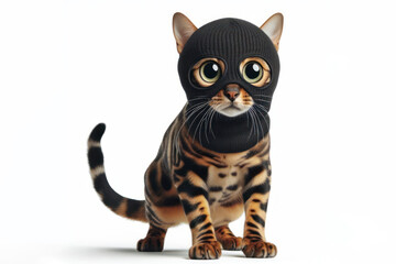 full body bengal cat in a black robber mask with big bulging eyes isolated on a white background - obrazy, fototapety, plakaty