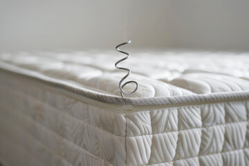 Broken mattress with a coil spring sticking out. Broken spring mattress, close-up, copy space.  - obrazy, fototapety, plakaty