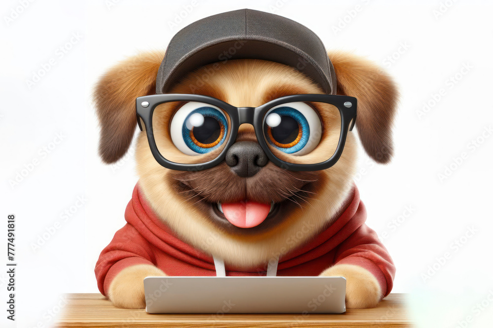 Poster funny dog programmer with laptop isolated on a white background