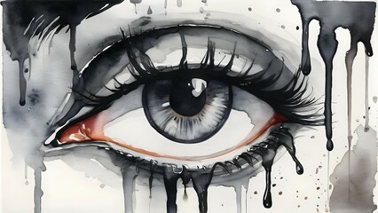 painting of a weary and sorrowful eye shedding black tears, with a background of dripping paint - obrazy, fototapety, plakaty