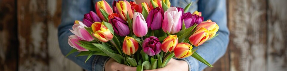 Naklejka premium A woman tender grasp cradles a vivid array of tulips