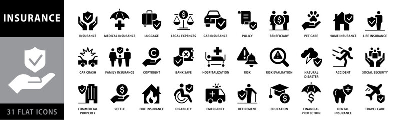 Set of Flat insurance web icons. Filled icons such as Car, Pet, Home, Travel Insuranca, health insurance, beneficiary, contract and many more