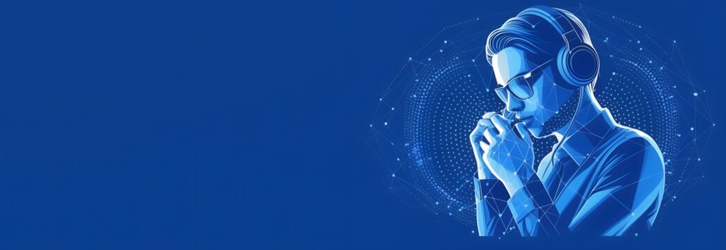 Abstract male call center representative in blue technology background. Abstract man call center for support in phone, business blue background with blank space for text