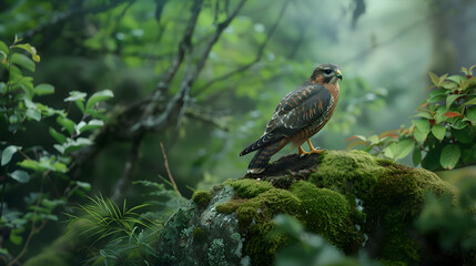 Fototapeta premium A solitary Sparrowhawk perched on a moss-covered rock, framed by lush greenery, its feathers ruffled gently by a soft breeze