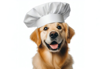 Cute Golden Retriever smiling wearing a white chef's hat isolated on a solid white background