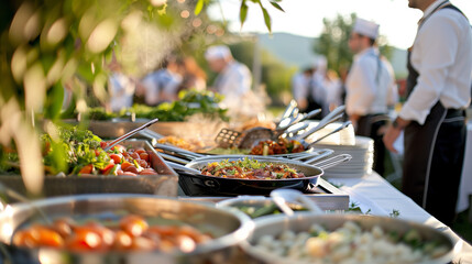 "Outdoor Wedding Catering Service"
A vibrant outdoor catering scene at a wedding, with chefs and a variety of dishes in focus, capturing the essence of al fresco dining elegance.