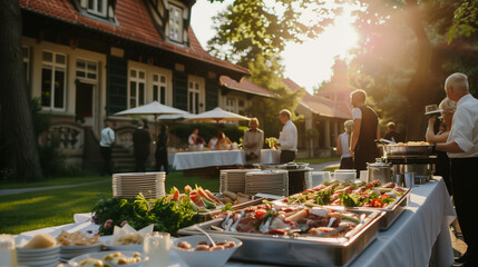 "Sunset Wedding Buffet"
Outdoor wedding buffet near a historic building, bathed in the warm glow of the setting sun with staff attending to guests.