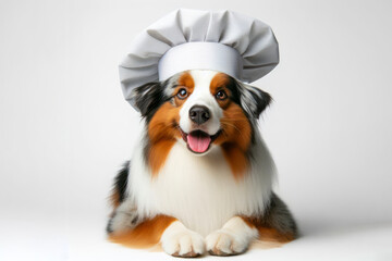Cute Australian Shepherd smiling wearing a white chef's hat isolated on a solid white background