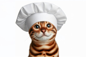 Cute bengal cat smiling wearing a white chef's hat isolated on a solid white background - obrazy, fototapety, plakaty