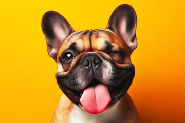 French Bulldog Dog winking and sticking out tongue on solid color bright background - obrazy, fototapety, plakaty