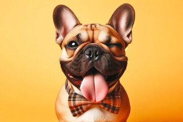 full body French Bulldog Dog winking and sticking out tongue on solid color bright background - obrazy, fototapety, plakaty