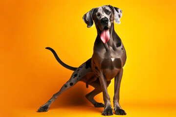 full body Grate Dane Dog winking and sticking out tongue on solid color bright background - obrazy, fototapety, plakaty