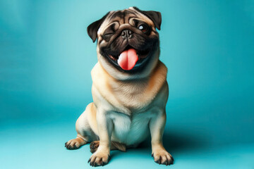 full body Pug Dog winking and sticking out tongue on solid color bright background - obrazy, fototapety, plakaty