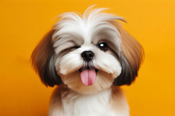 full body Shih Tzu Dog winking and sticking out tongue on solid color bright background - obrazy, fototapety, plakaty