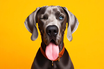 Grate Dane Dog winking and sticking out tongue on solid color bright background - obrazy, fototapety, plakaty