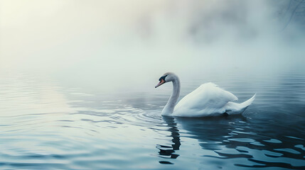 Fototapeta premium A solitary swan poised in the midst of rippling waters, its pristine white feathers contrasting against the blurred backdrop of a misty morning landscape