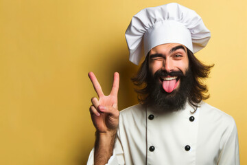 man dressed as chef on solid color background winking and sticking out tongue on solid white background - obrazy, fototapety, plakaty