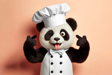 panda dressed as chef on solid color background winking and sticking out tongue on solid white background - obrazy, fototapety, plakaty