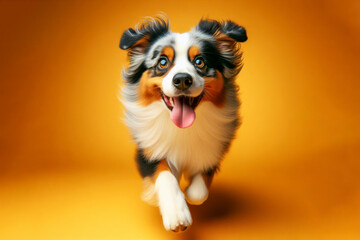 The cute Australian Shepherd runs with his tongue hanging out and big bulging eyes on bright color background