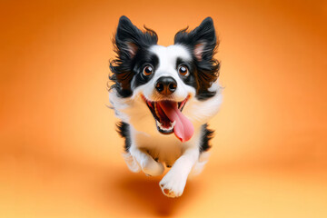 The cute Border Collie runs with his tongue hanging out and big bulging eyes isolated on a color background