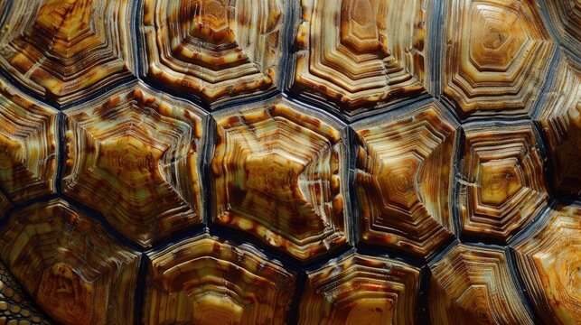 A close-up of tortoise shell texture, showing the unique patterns and colors of the shell plates. The texture is highly detailed, with a focus on the intricate lines and natural hues.