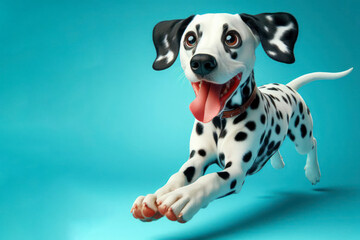 The cute Dalmatian runs with his tongue hanging out and big bulging eyes isolated on a color background