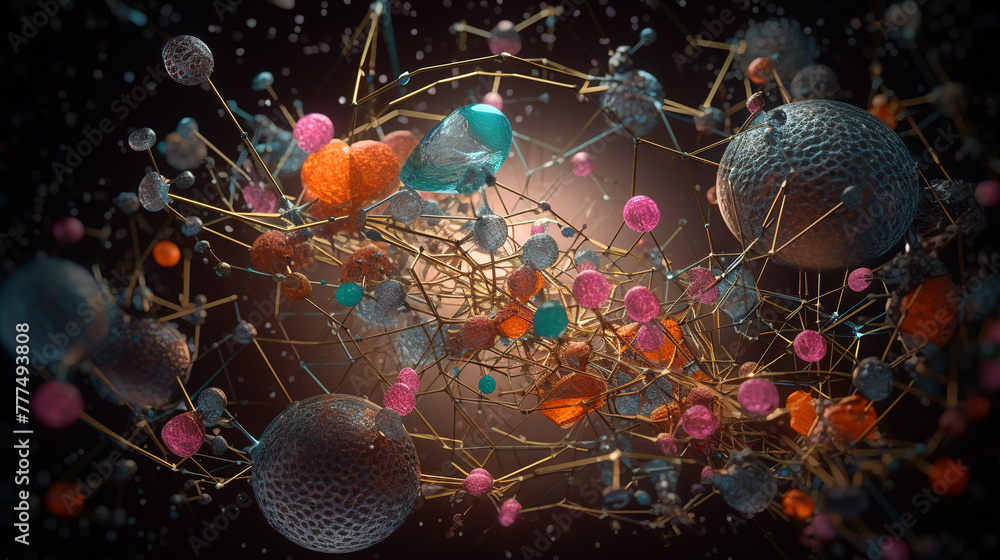 Poster Abstract scientific concept with connected cells and particles. Science microscopic background.