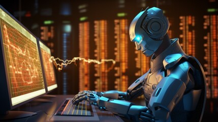 AI robot analyze business data investment trading decision on forex market 3D illustration  - obrazy, fototapety, plakaty