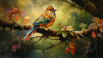 Fotobehang Awaxwing alights on alichen-covered bough, its colors harmonizing with nature's palette. The forest floor, a carpet offallen leaves, cradles its steps. This avian marvel inspires awe and reverence. © Hasnain Arts